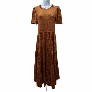 Simplee Ruffle Neck Smocked Velvet Floral Maxi Dress Size M Orange Cottage Event